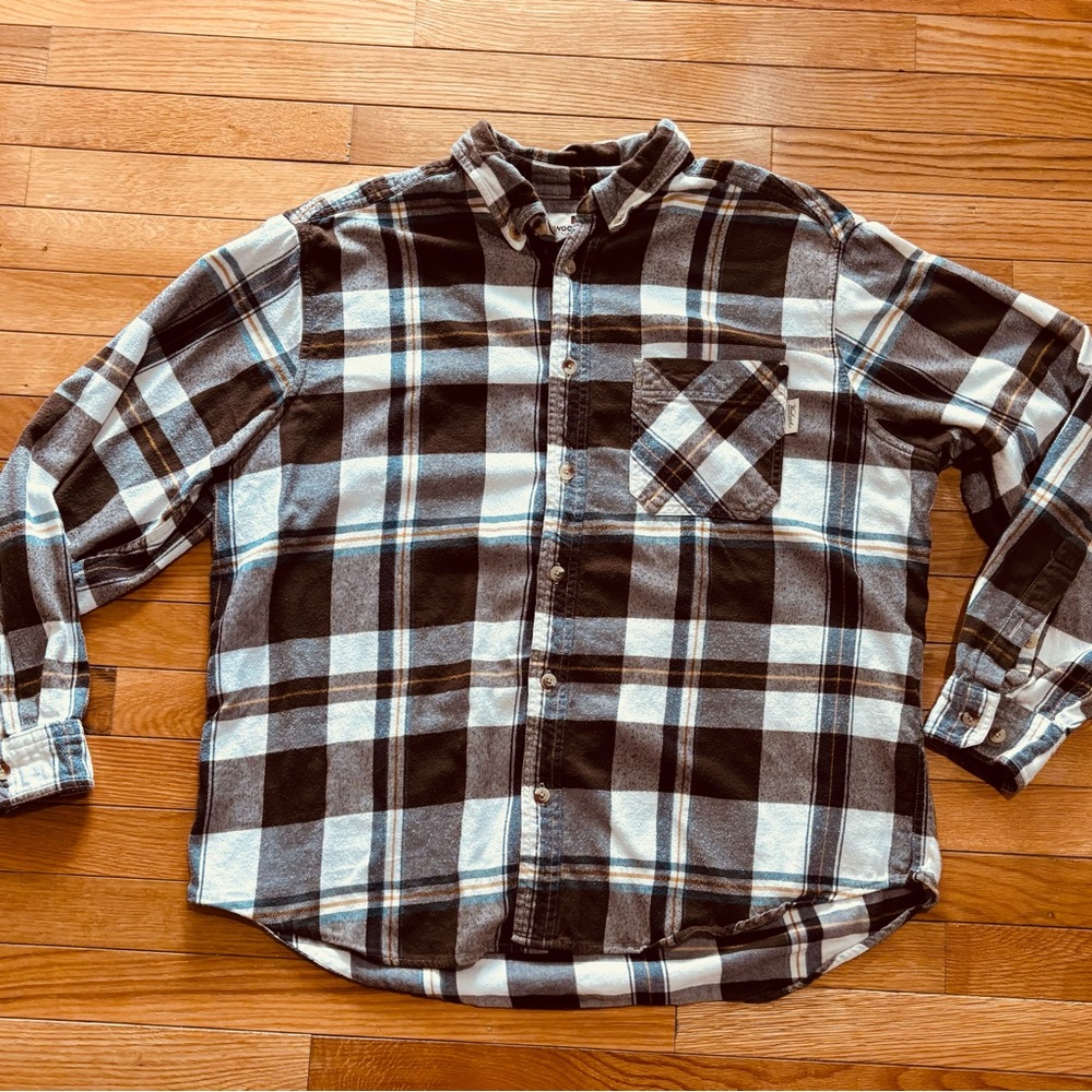 Woolrich Men's Plaid Flannel Button-Up Shirt Brown White Blue‎ Yellow Size XL